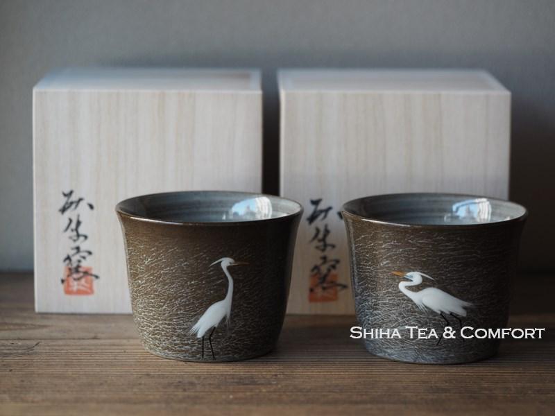 Hand-paint  Egret Pair Cup, Yokoishi Gagyu of Utsutsugawa-yaki 現川焼臥牛窯