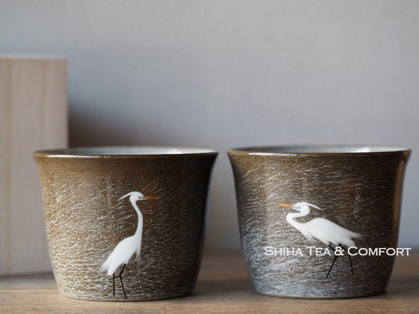 Hand-paint  Egret Pair Cup, Yokoishi Gagyu of Utsutsugawa-yaki 現川焼臥牛窯