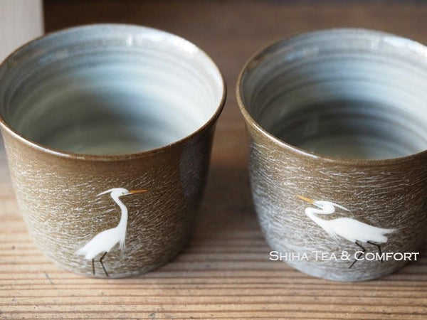 Hand-paint  Egret Pair Cup, Yokoishi Gagyu of Utsutsugawa-yaki 現川焼臥牛窯
