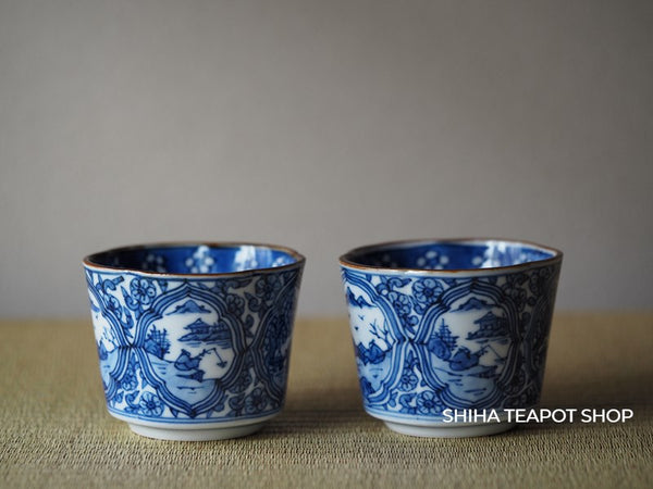 Kyoto Porcelain Blue & White Teacups Mountain and Water 2pcs