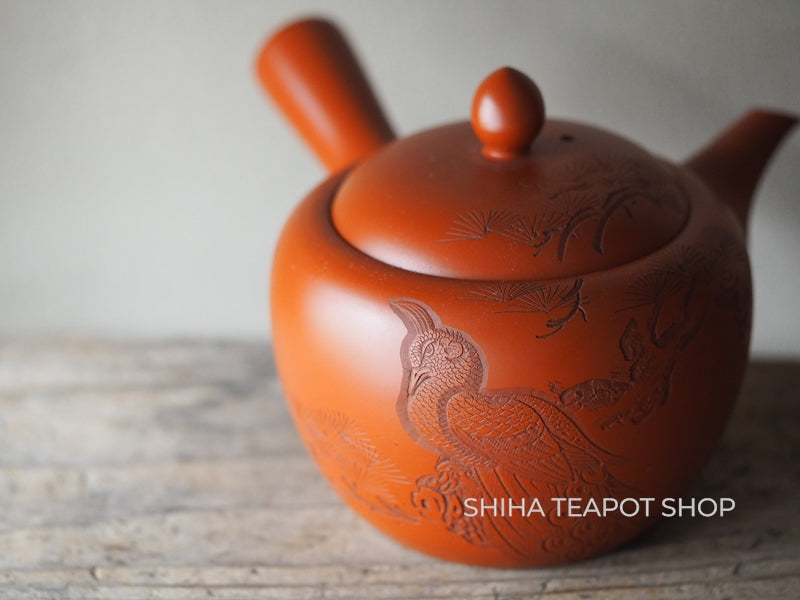 Antique Tokoname Delicate Red clay Hand-Carving Peacock Teapot