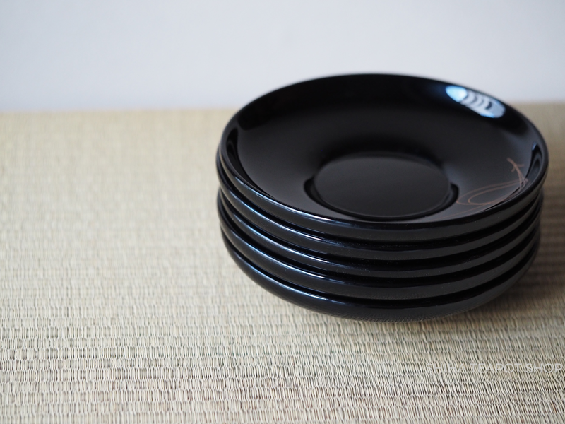 Wajima Lacquer Ware Chawan Coaster Saucer Black Set 5pcs Used