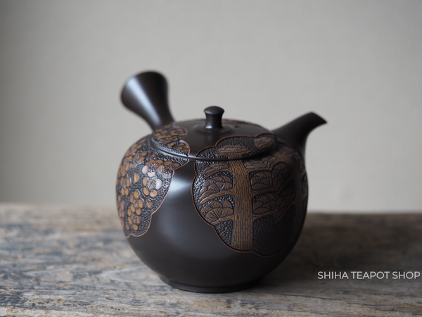 SHUNEN Black Flower Window Plum Bamboo Pine  Tokoname Kyusu Teapot SH51  二代舜園 （Made in Tokoname Japan）