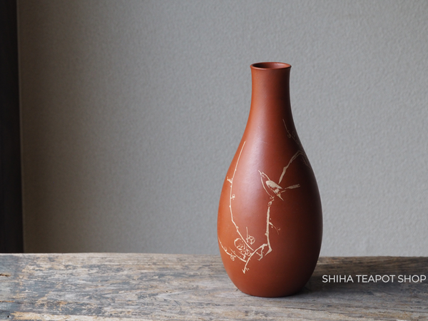 Vintage Ito Sekisui Red Clay Bird Plum Flower Sake Bottle / Vase