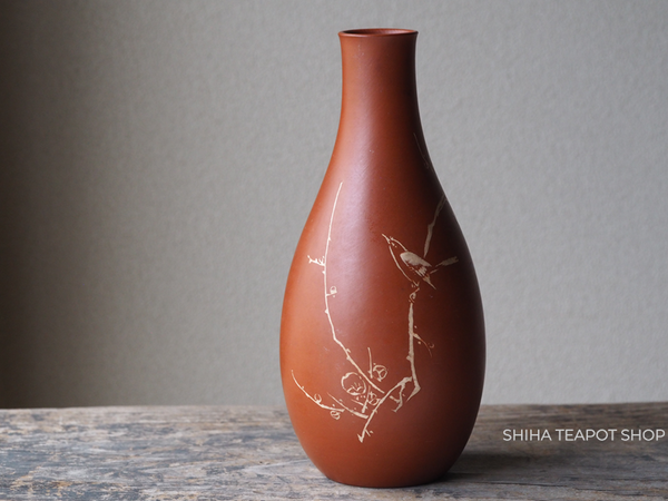 Vintage Ito Sekisui Red Clay Bird Plum Flower Sake Bottle / Vase