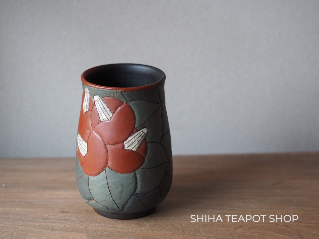 KAMEOKA MOTOZO Rec clay Smoke Camellia Hand Carving Tall Cup 素三杯