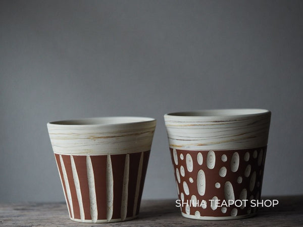 Tokoname Kenji kiln White Clay Agateware Pair Mug Cup Red Drops & Stripe