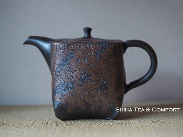 SHUNEN Botanic Green Clay Carving Kyusu Teapot