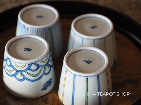 Japan Arita  Blue & White Porcelain Hand-Paint Traditional Line Art Cup Set 4 pcs